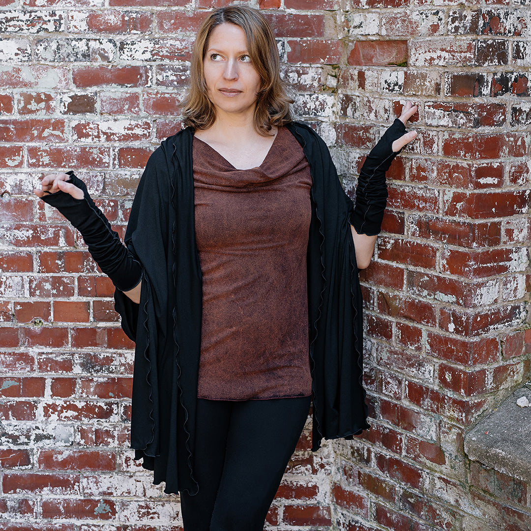 grace cowl neck top in lush mineral with black shawl + opera sleeves