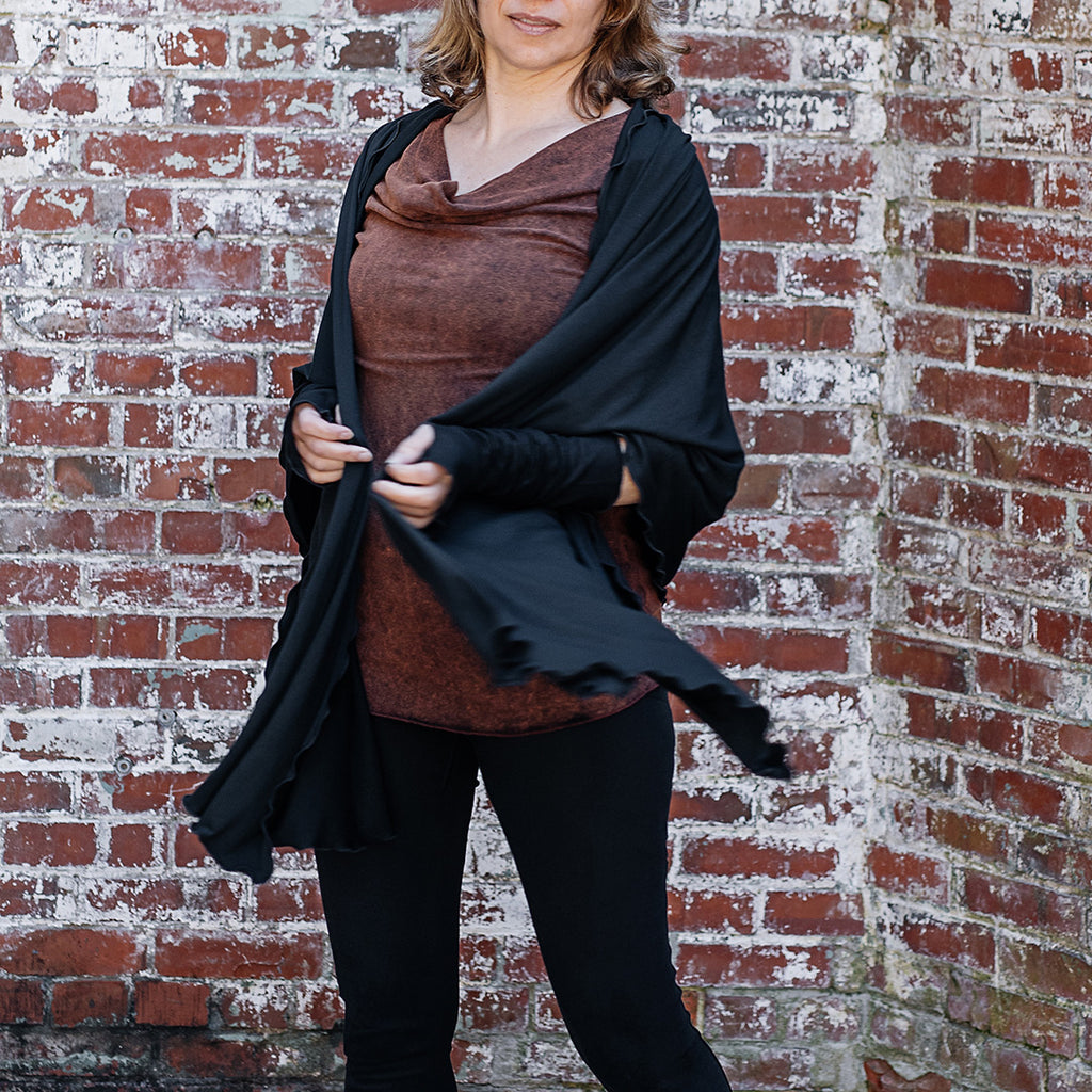 shawl in black worn with grace cowl neck top in lush mineral and black opera sleeves