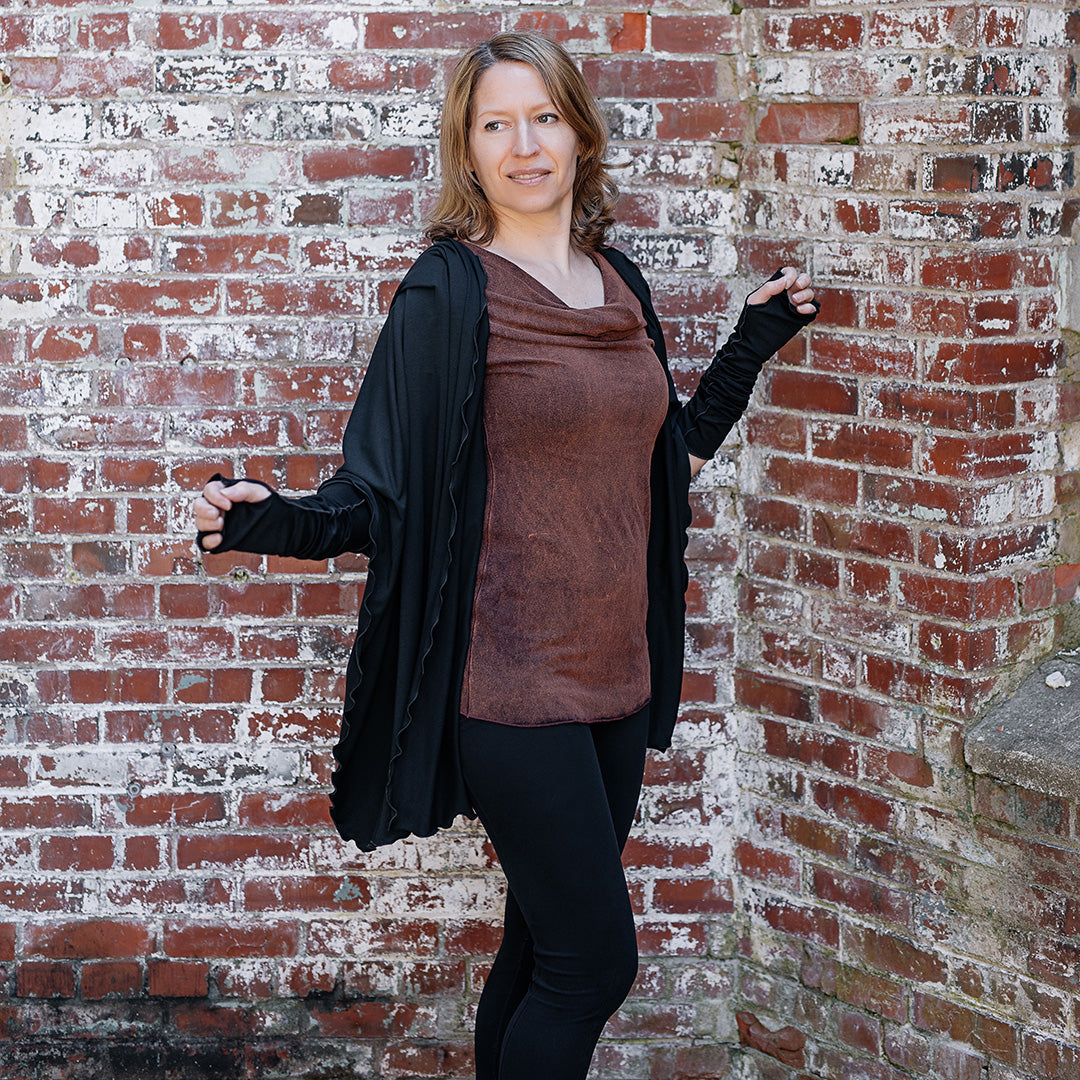 grace cowl neck top in lush mineral with black shawl + opera sleeves