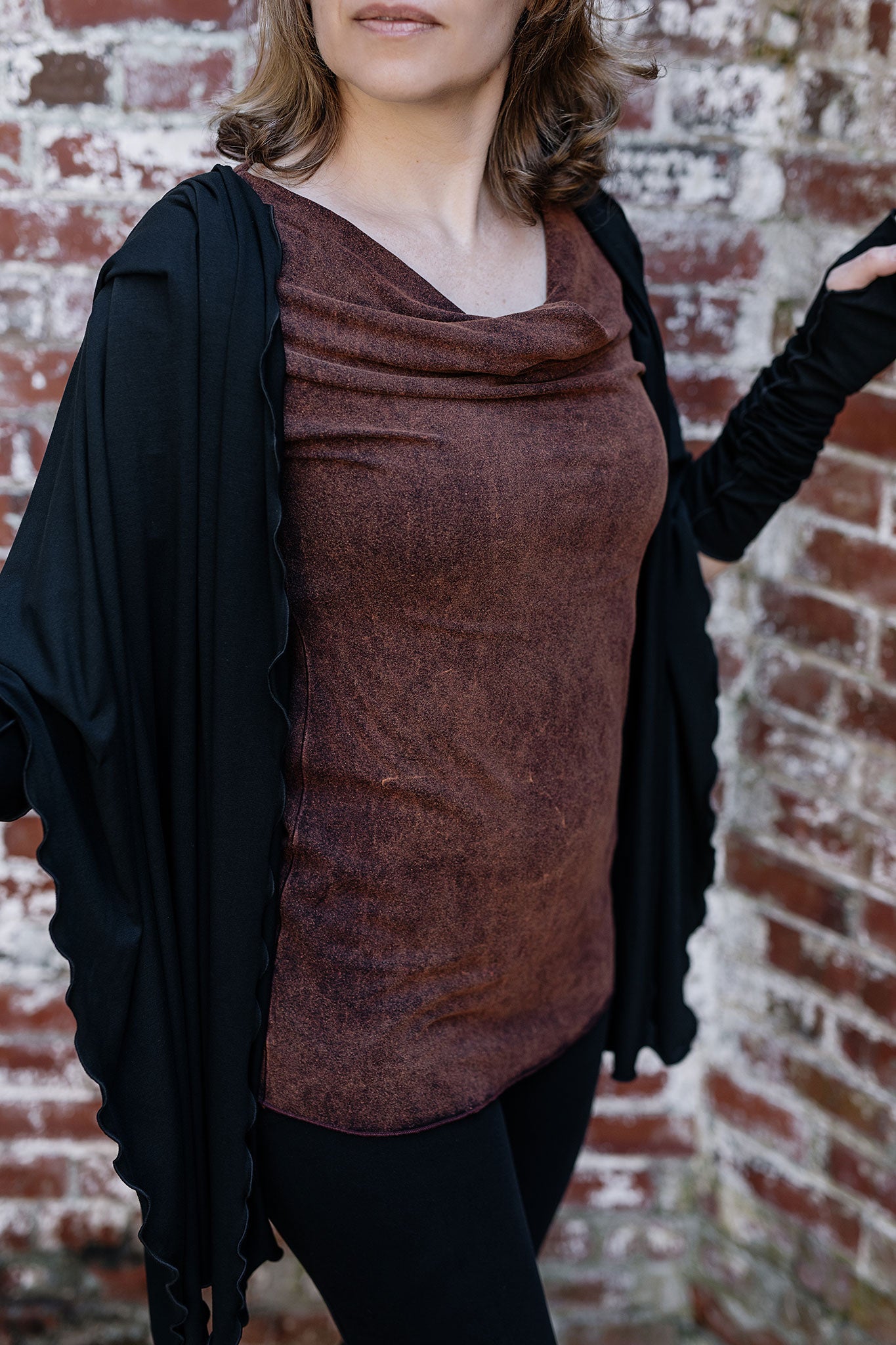 grace cowl neck top in lush mineral with black shawl + opera sleeves