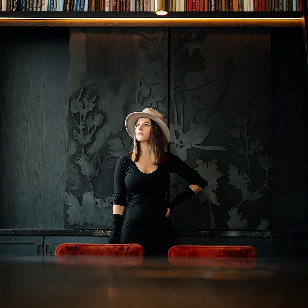 vital vneck tunic in black and black opera sleeves