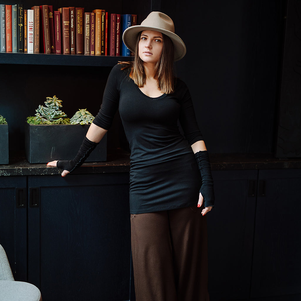 vital vneck tunic in black with espresso harlow pant and black opera sleeves