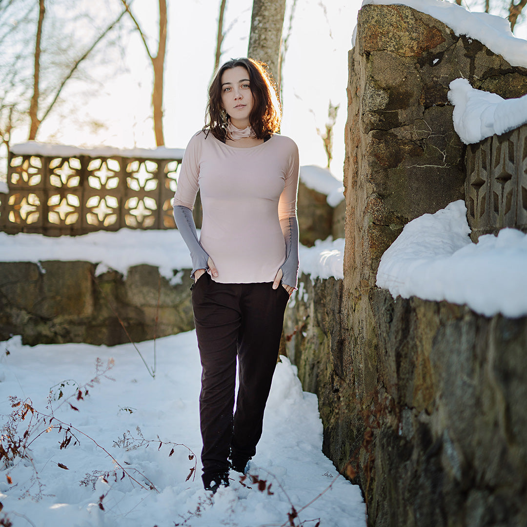jogger in peat paired with rose bias top in ballet, ballet band around neck, and moon opera sleeves