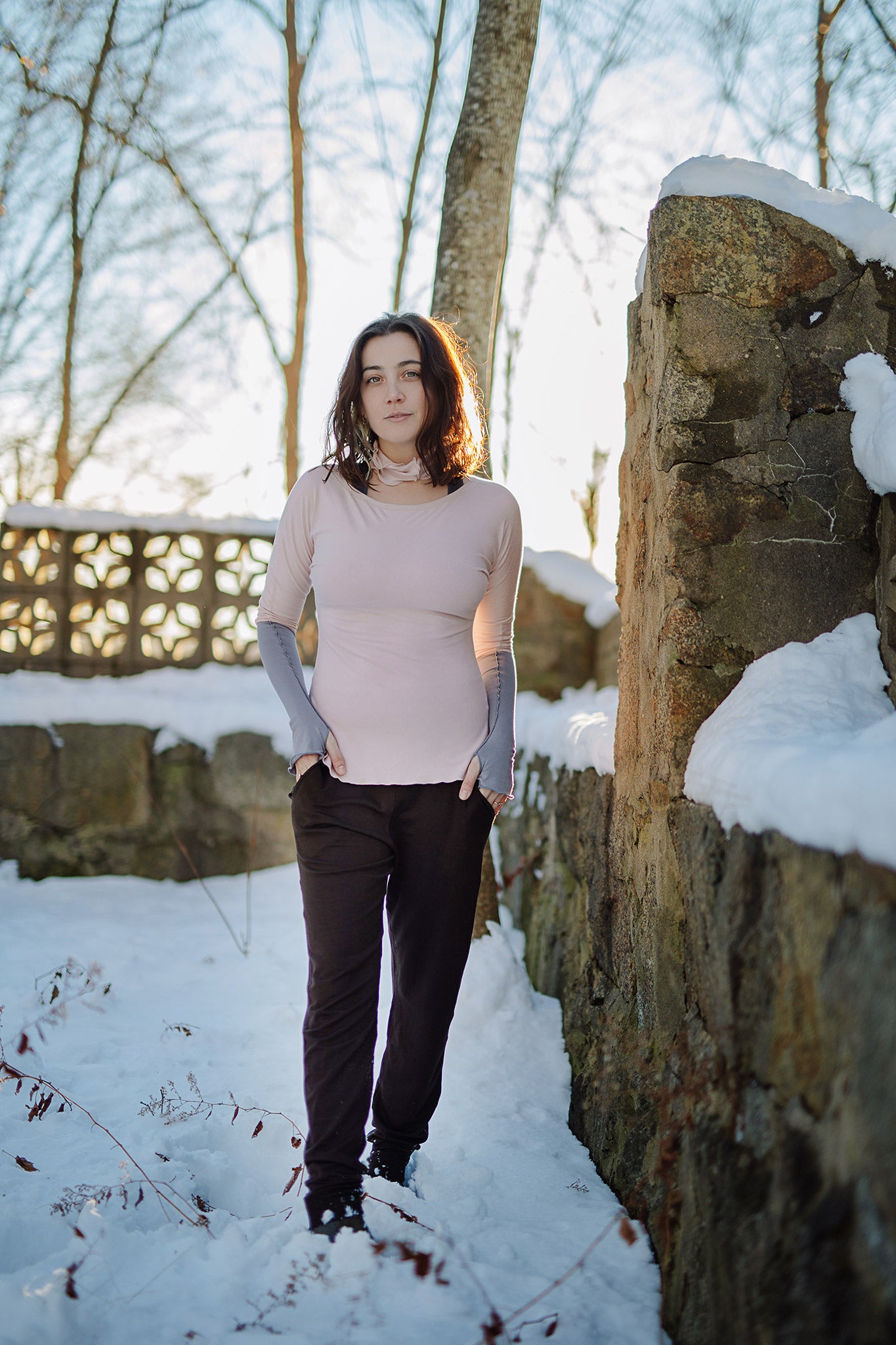 rose bias top in ballet with peat jogger and opera gloves in moon