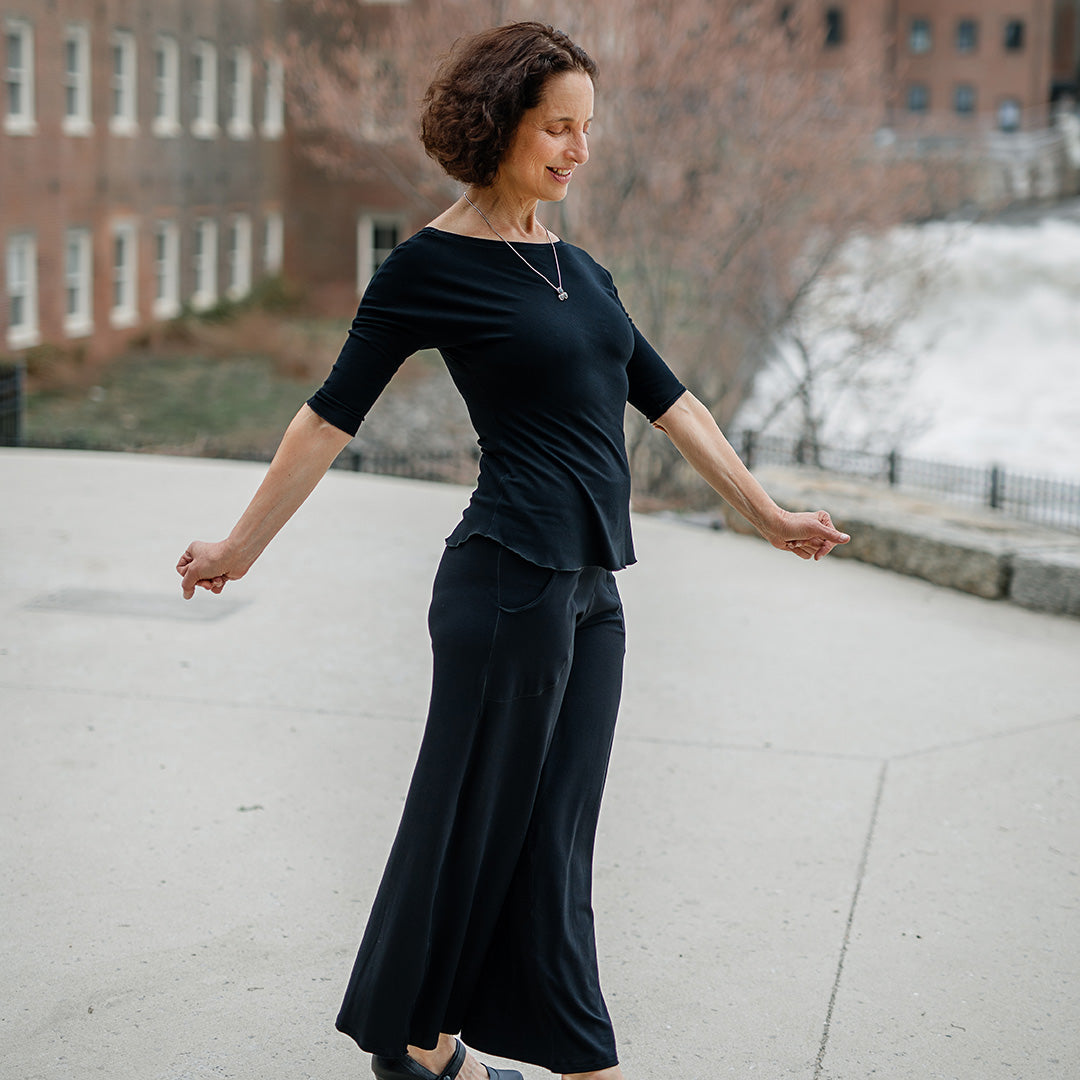 harlow pant in black styled with black rose top