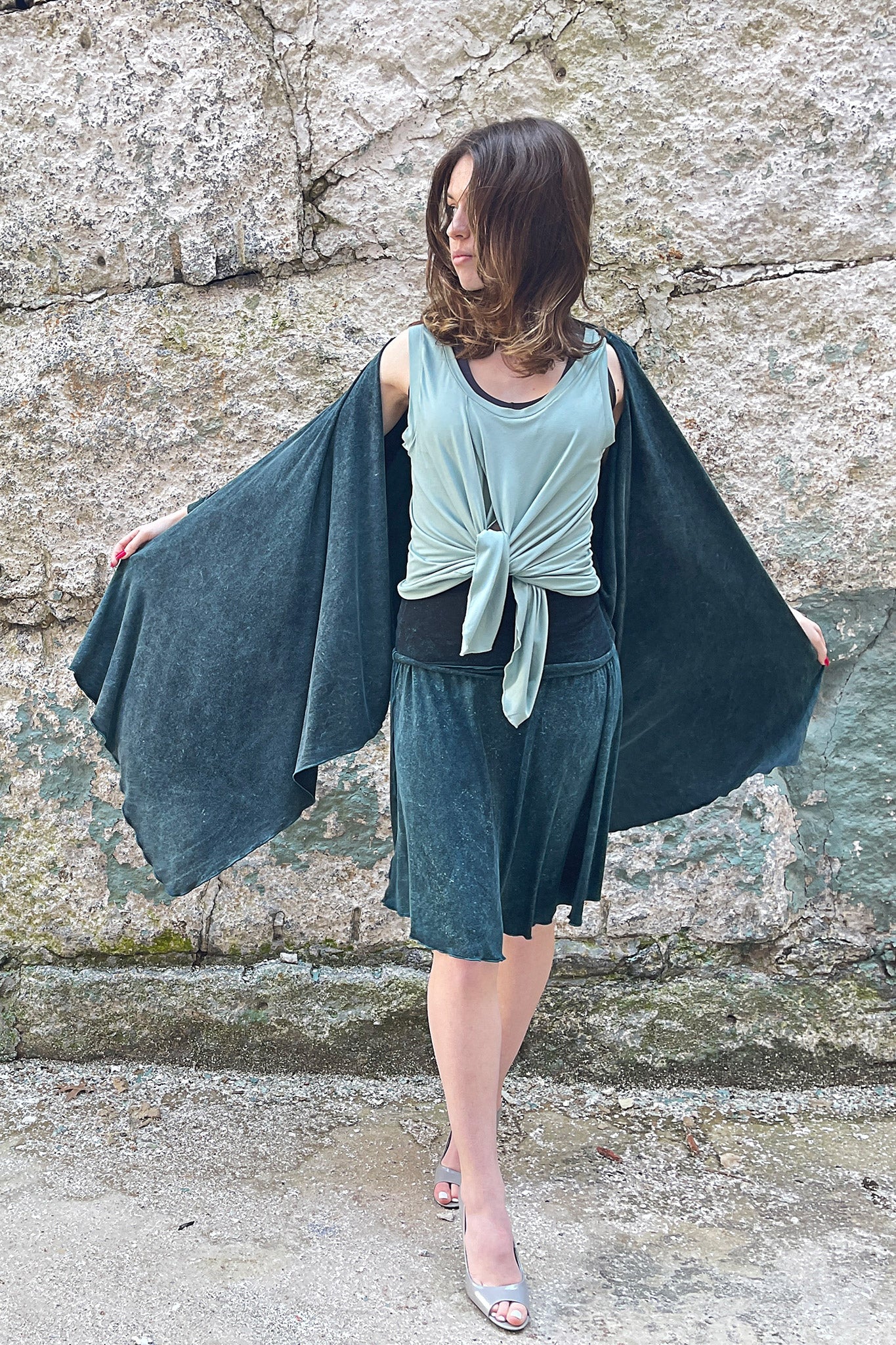 suger tulip tissue tank in glass worn tied in the front with blue mineral prima + flirt as a skirt