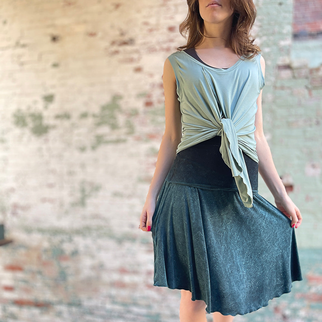 suger tulip tissue tank in glass worn tied in the front with blue mineral flirt worn as a skirt