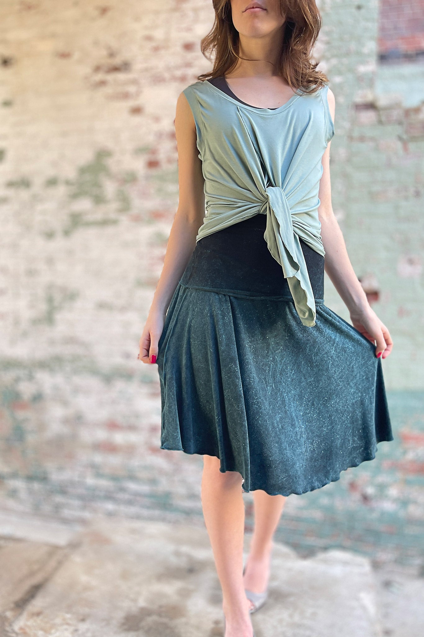 suger tulip tissue tank in glass worn tied in the front with blue mineral flirt worn as a skirt