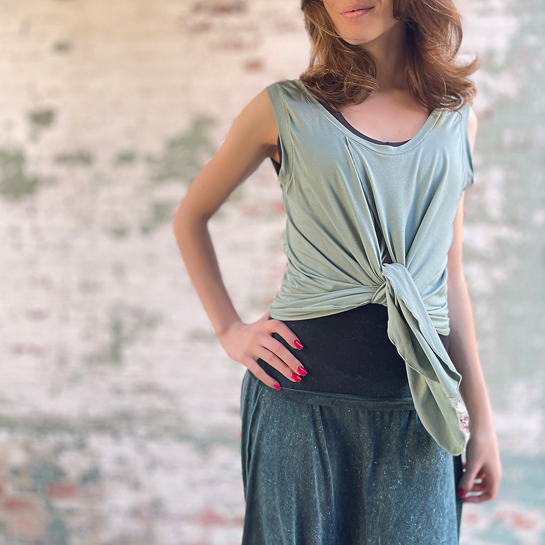 suger tulip tissue tank in glass worn tied in the front with blue mineral flirt worn as a skirt