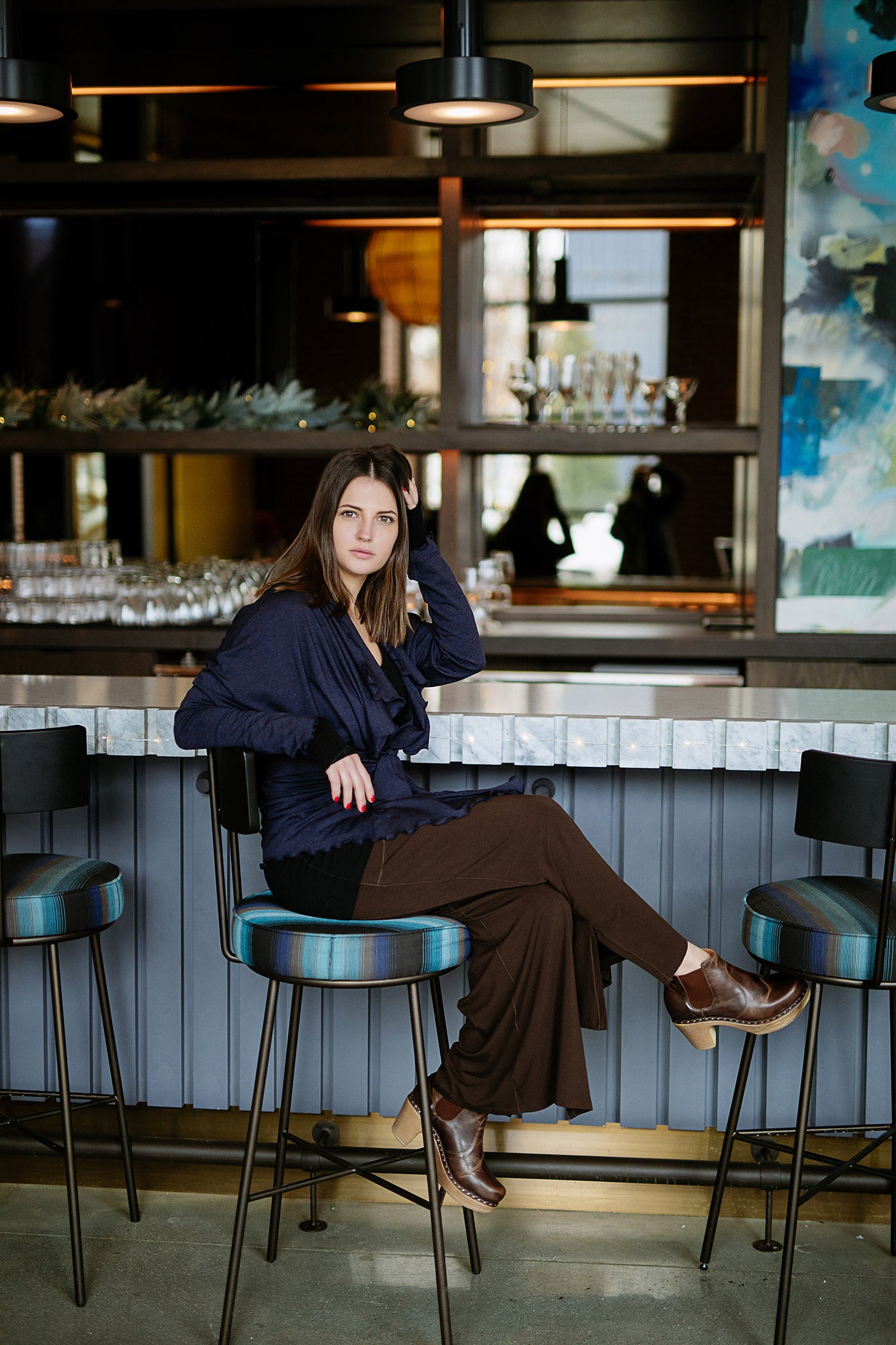 harlow elegant convertible wide leg pant in peat with midnight river jacket