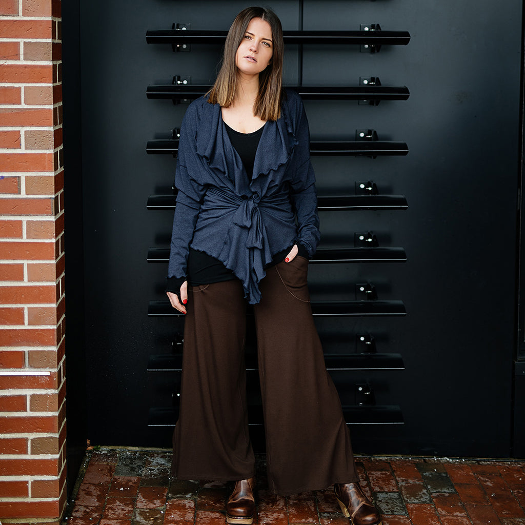 harlow elegant convertible wide leg pant in peat and river jacket in midnight