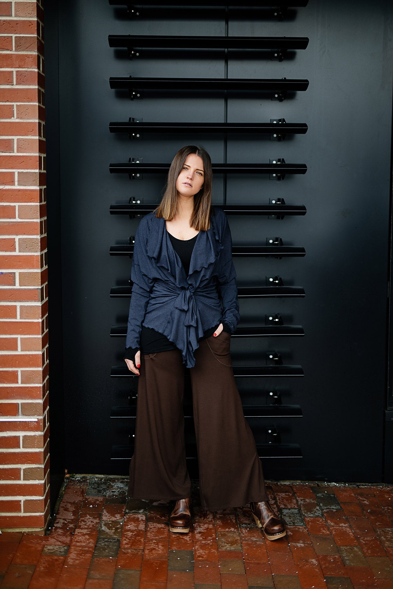 river jacket in midnight with vital top in black and harlow pant in espresso