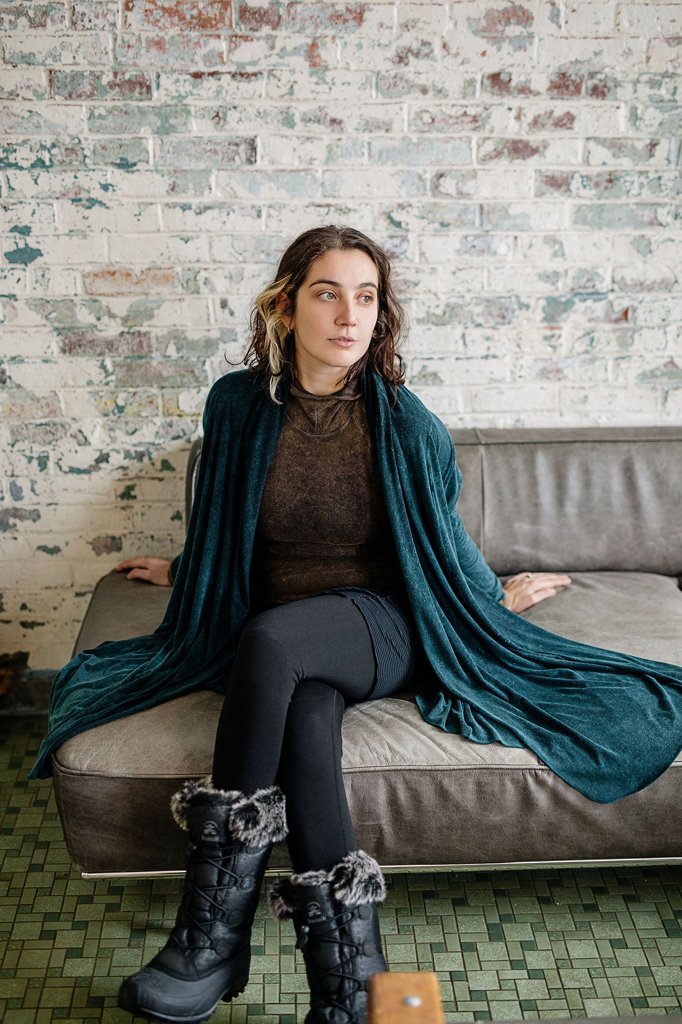 garden coat in blue mineral over scuba top in warm mineral