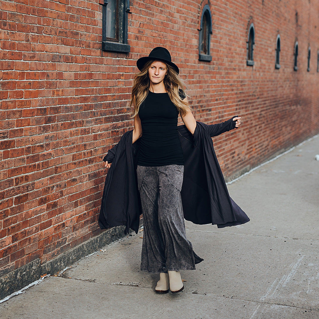 harlow elegant convertible wide leg pant in mineral with riding coat in carbon