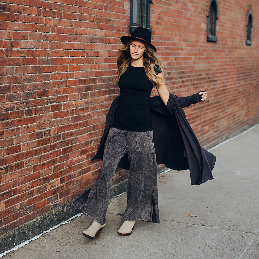 harlow elegant convertible wide leg pant in mineral with carbon riding coat