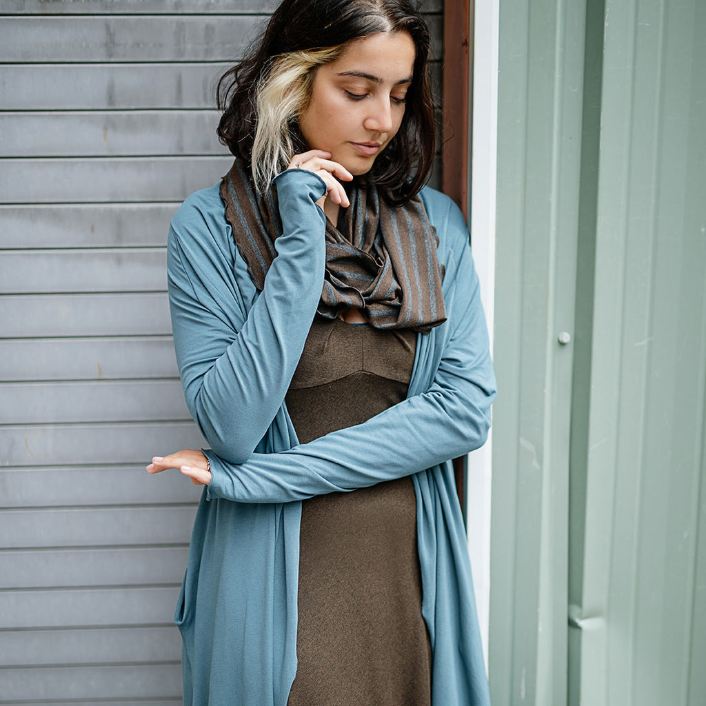 reversible pushup dress is perfect for layering for warmth or to wear alone in espresso/black. paired with ocean garden coat + woodland loop