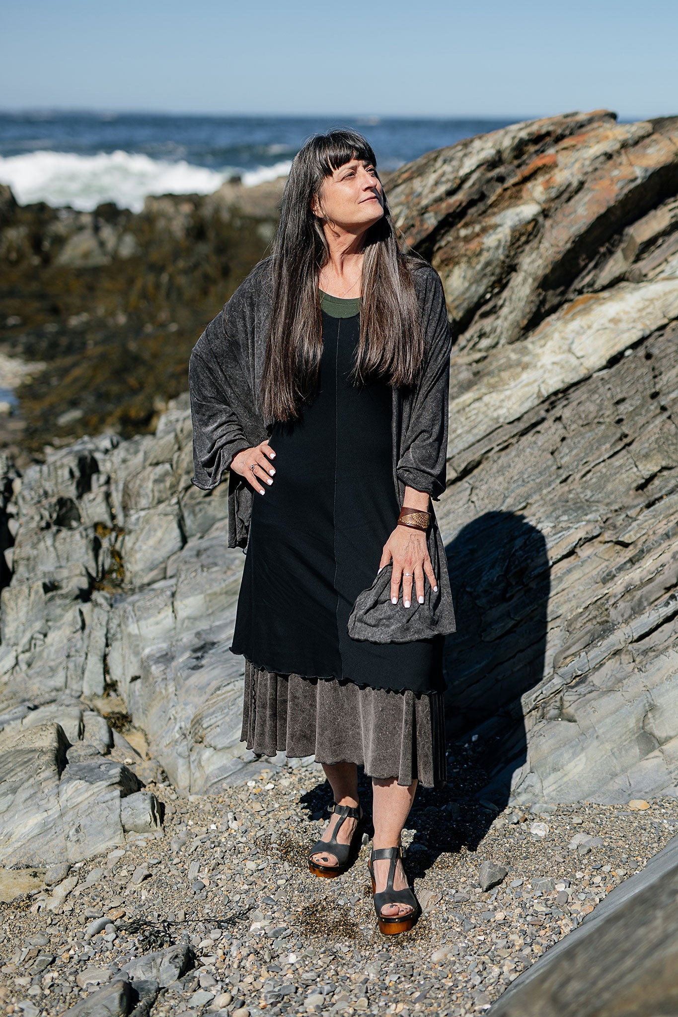 angelrox® flare bias vneck dress in black + mineral flirt + mineral shawl