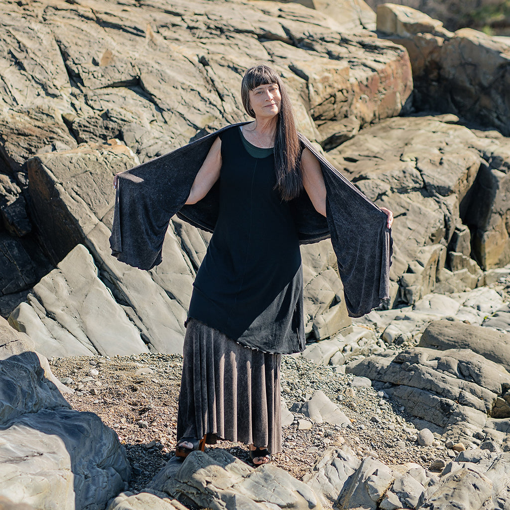angelrox® flare bias vneck dress in black styled with mineral shawl + mineral flirt