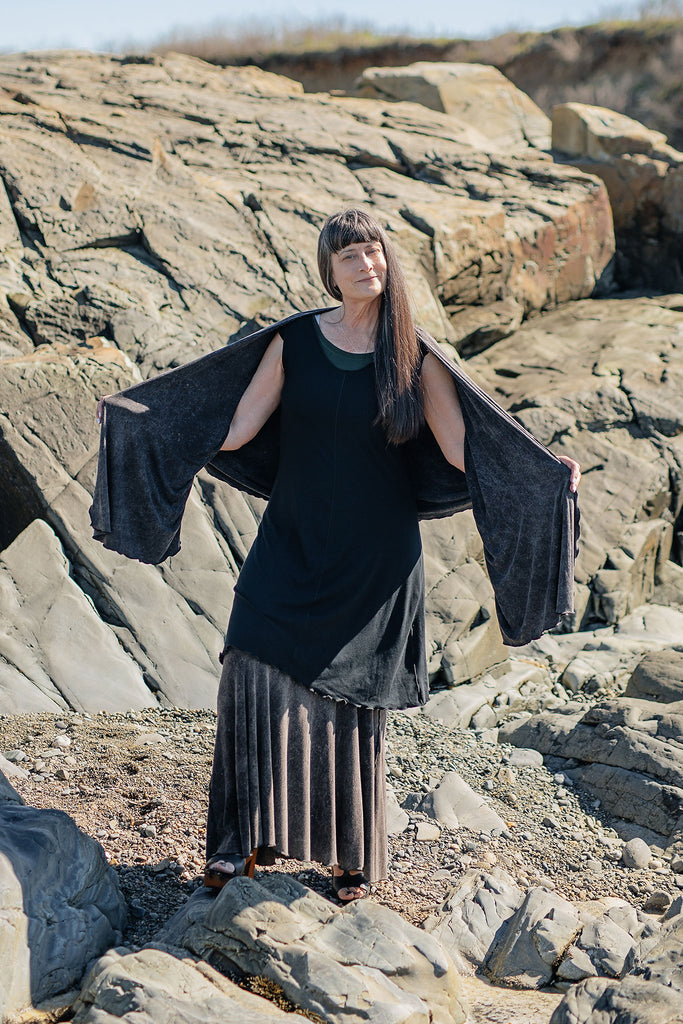 flare bias vneck dress in black styled with mineral flirt + mineral shawl