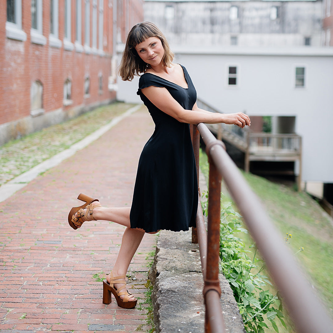 flare bias vneck dress in subtle black