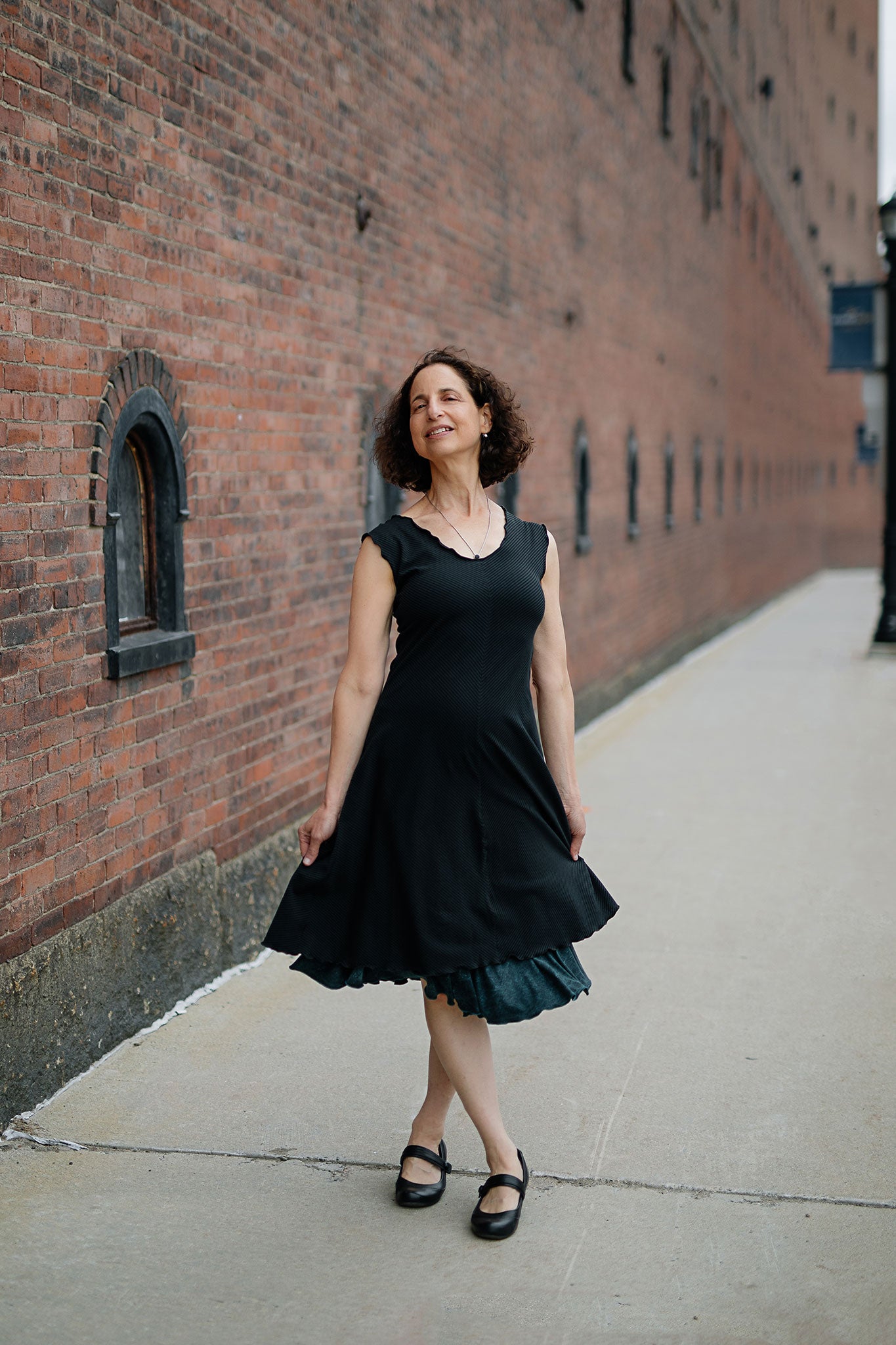 angelrox® flare bias vneck dress in subtle black paired with blue mineral flirt