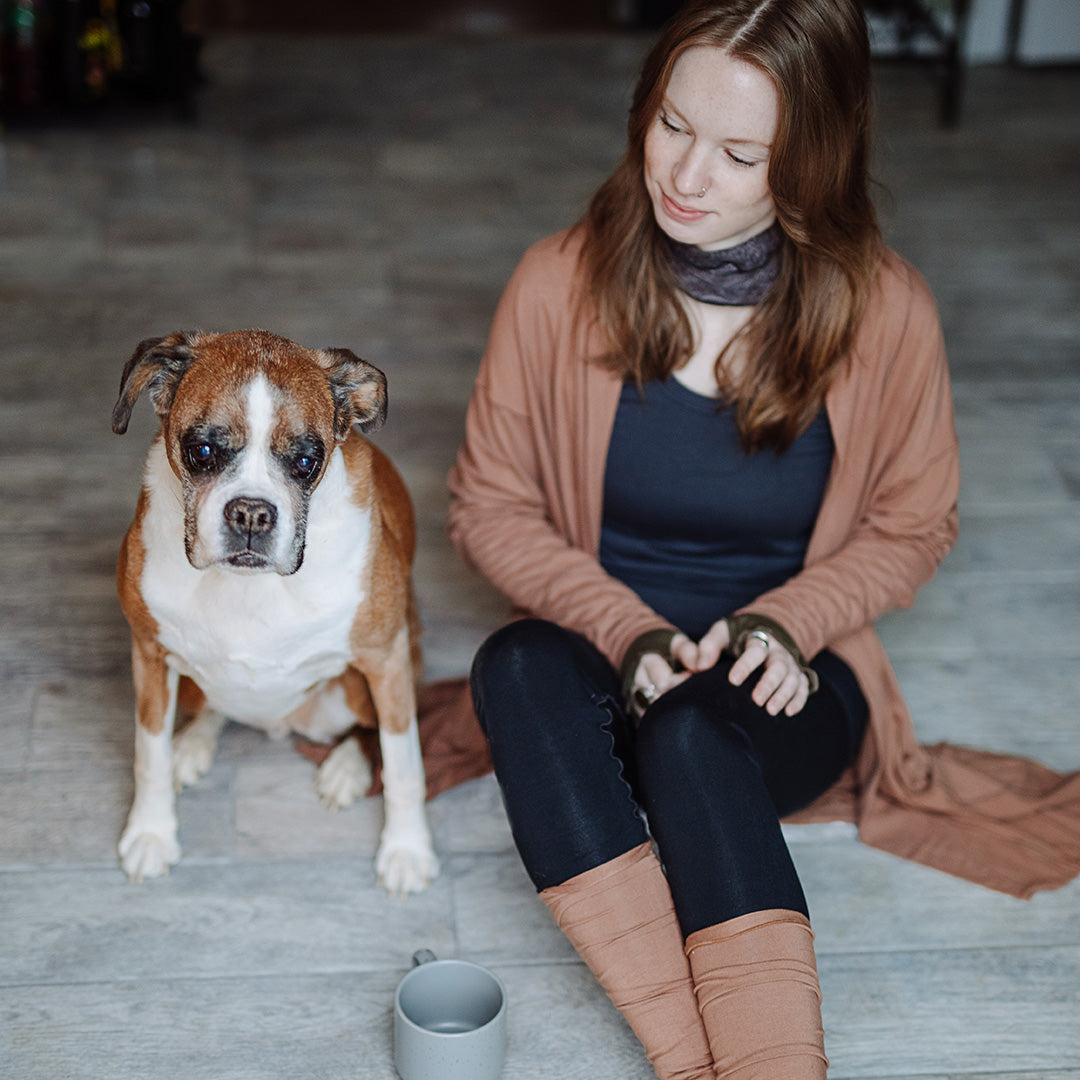coco blazer in cedar paired with black playsuit, carbon core tank, and cedar stockings