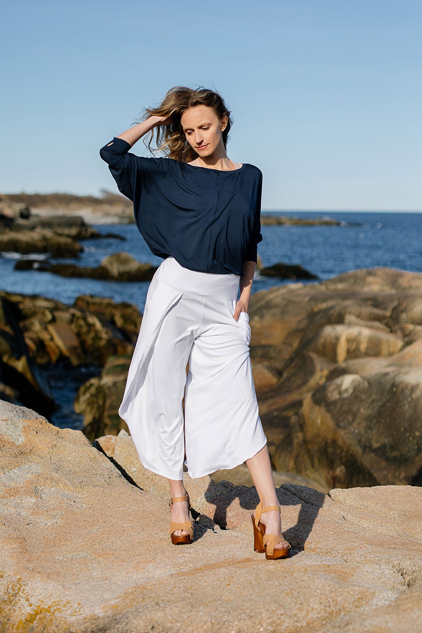 white petal pant paired with navy pop top