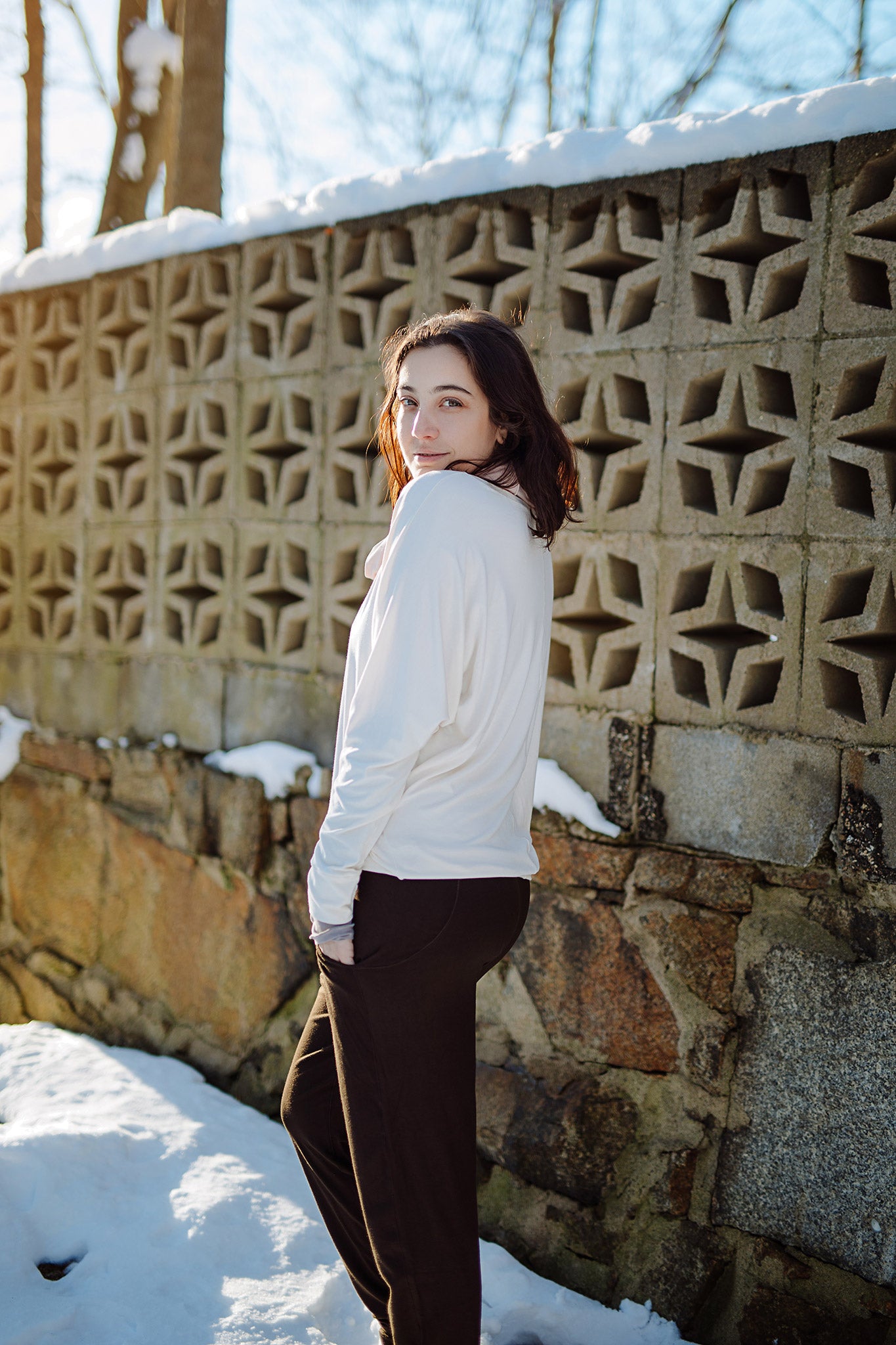 jogger in peat paired with pop top in milk, ballet hourglass around neck, and moon opera sleeves