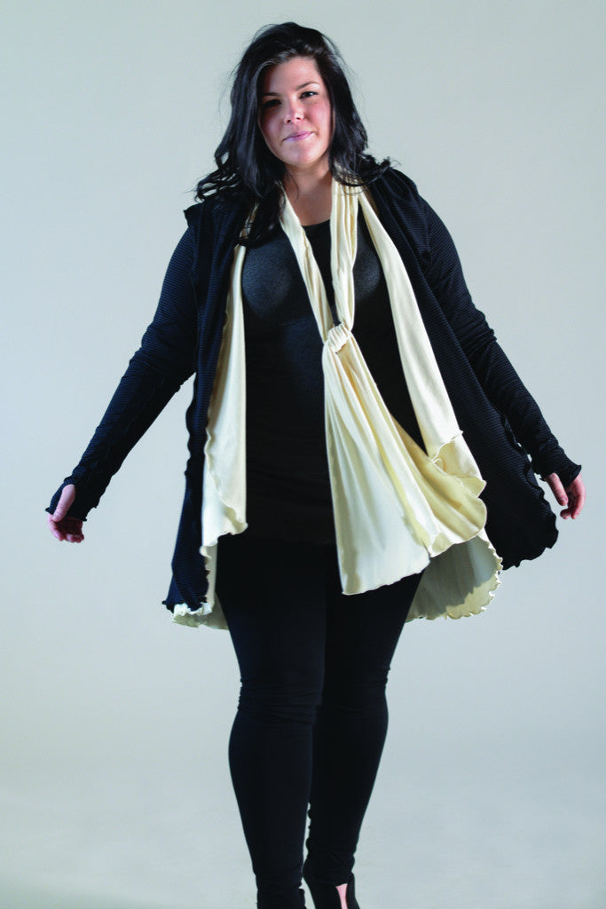 the wrap by angelrox in vanilla as a vest with black cardigan + playsuit