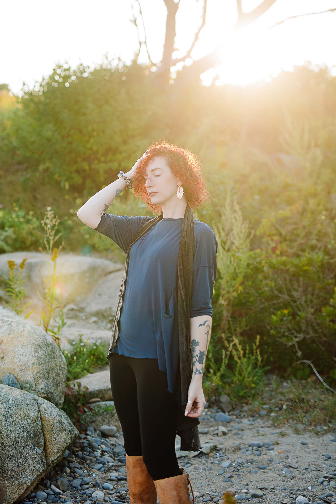 true pearl flowy t in navy + wrap in mineral black stitch as a vest