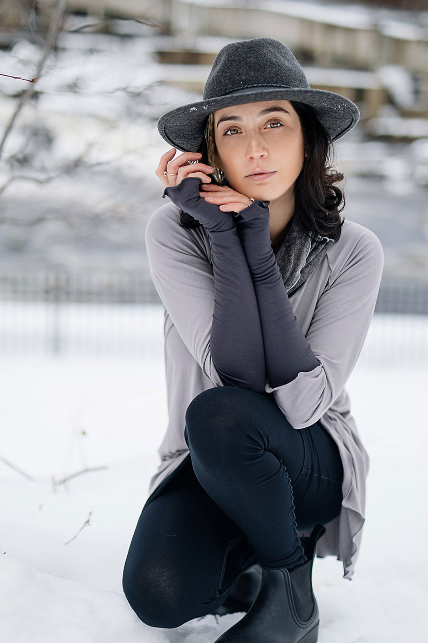carbon opera sleeves paired with swing top in moon, hourglass at neck in mineral, and playsuit in black