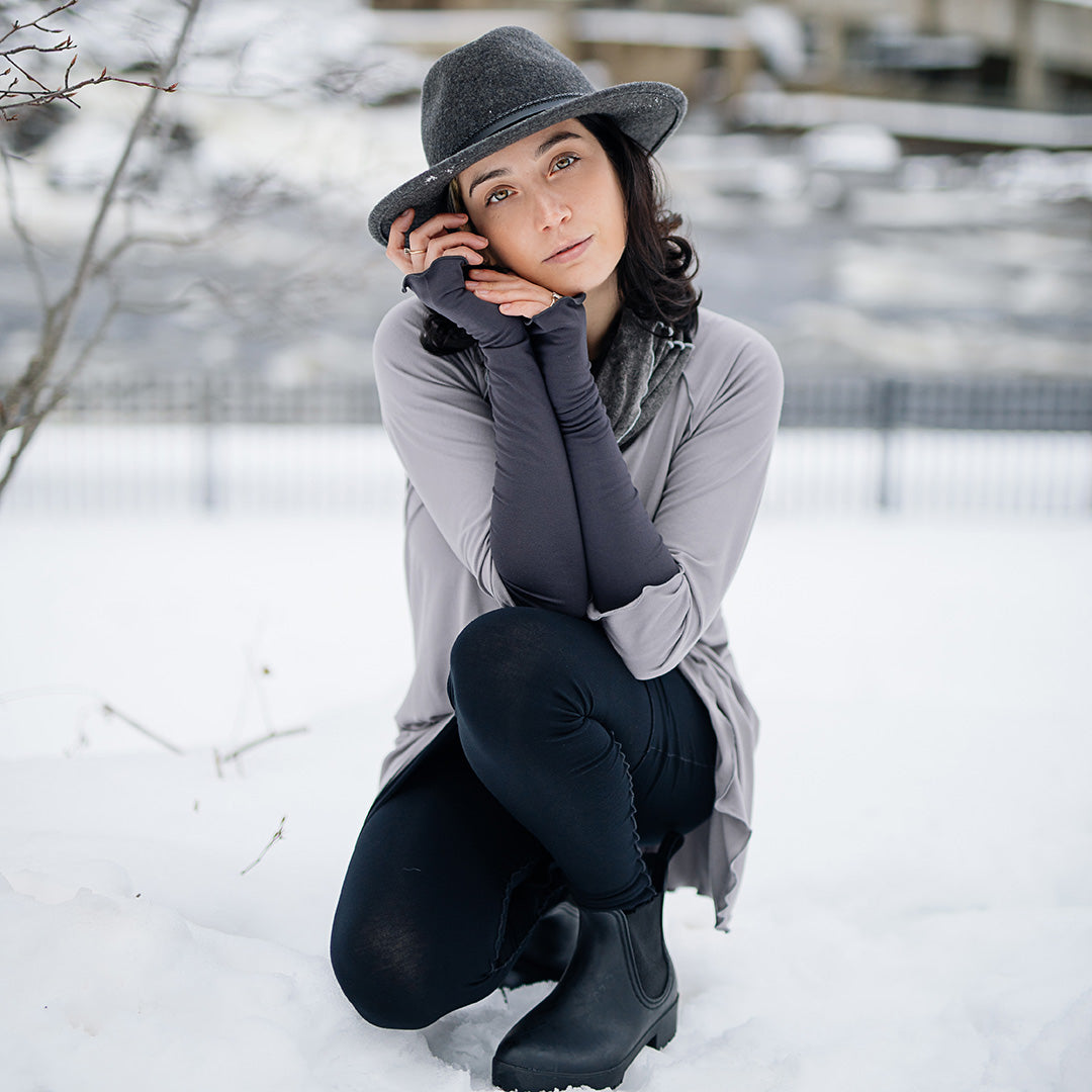 swing top in moon with hourglass around neck in mineral and opera sleeves in carbon