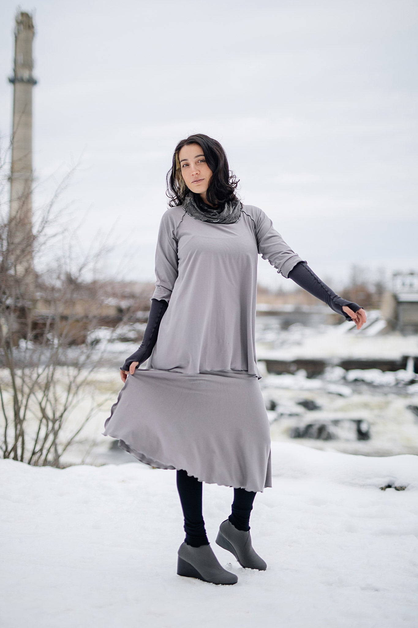 swing top and lady flirt as a skirt in moon with hourglass around neck in mineral and opera sleeves in carbon