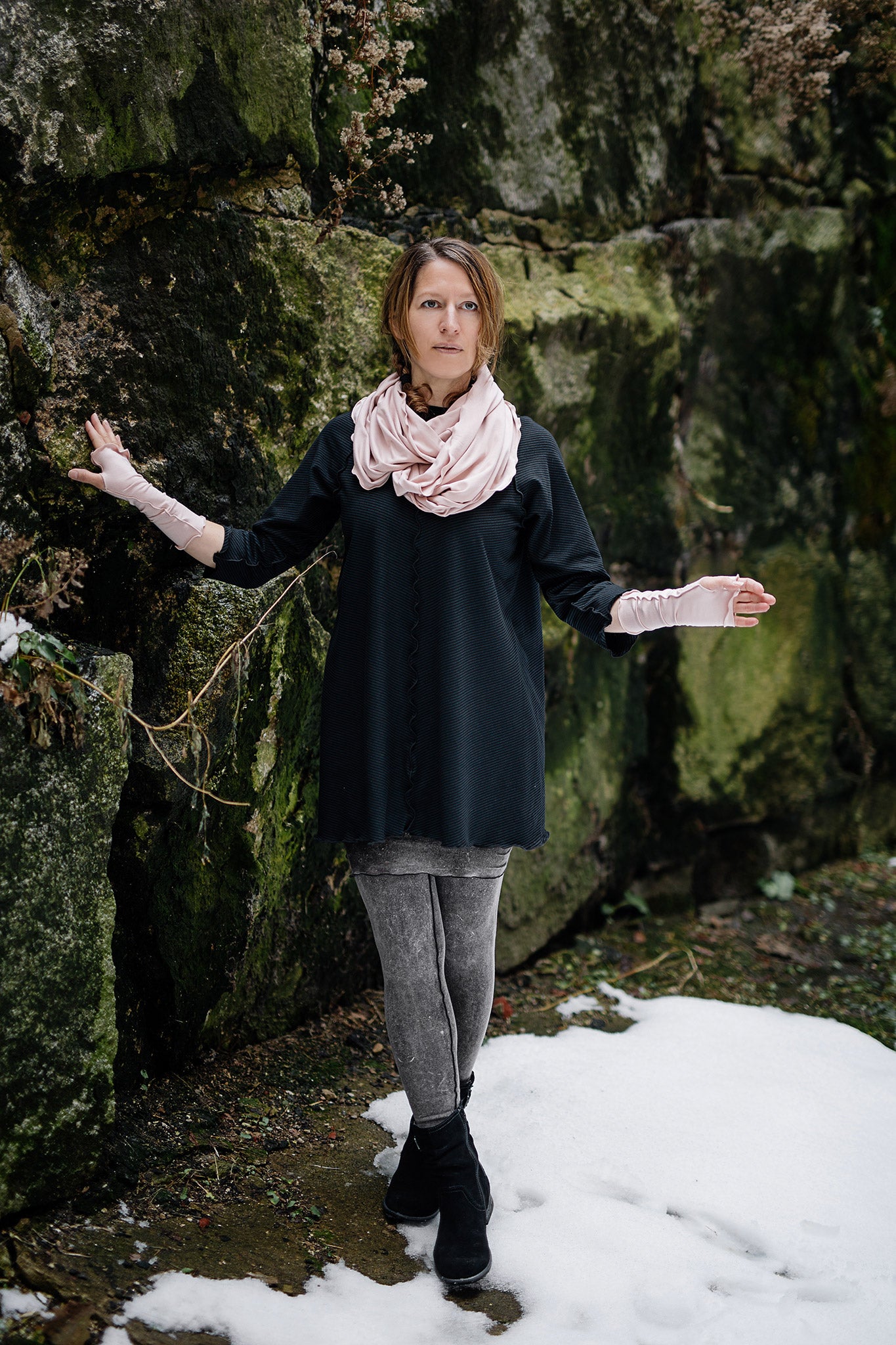 swing top in subtle black with loop at neck in ballet, ballet aria sleeves, and mineral playsuit