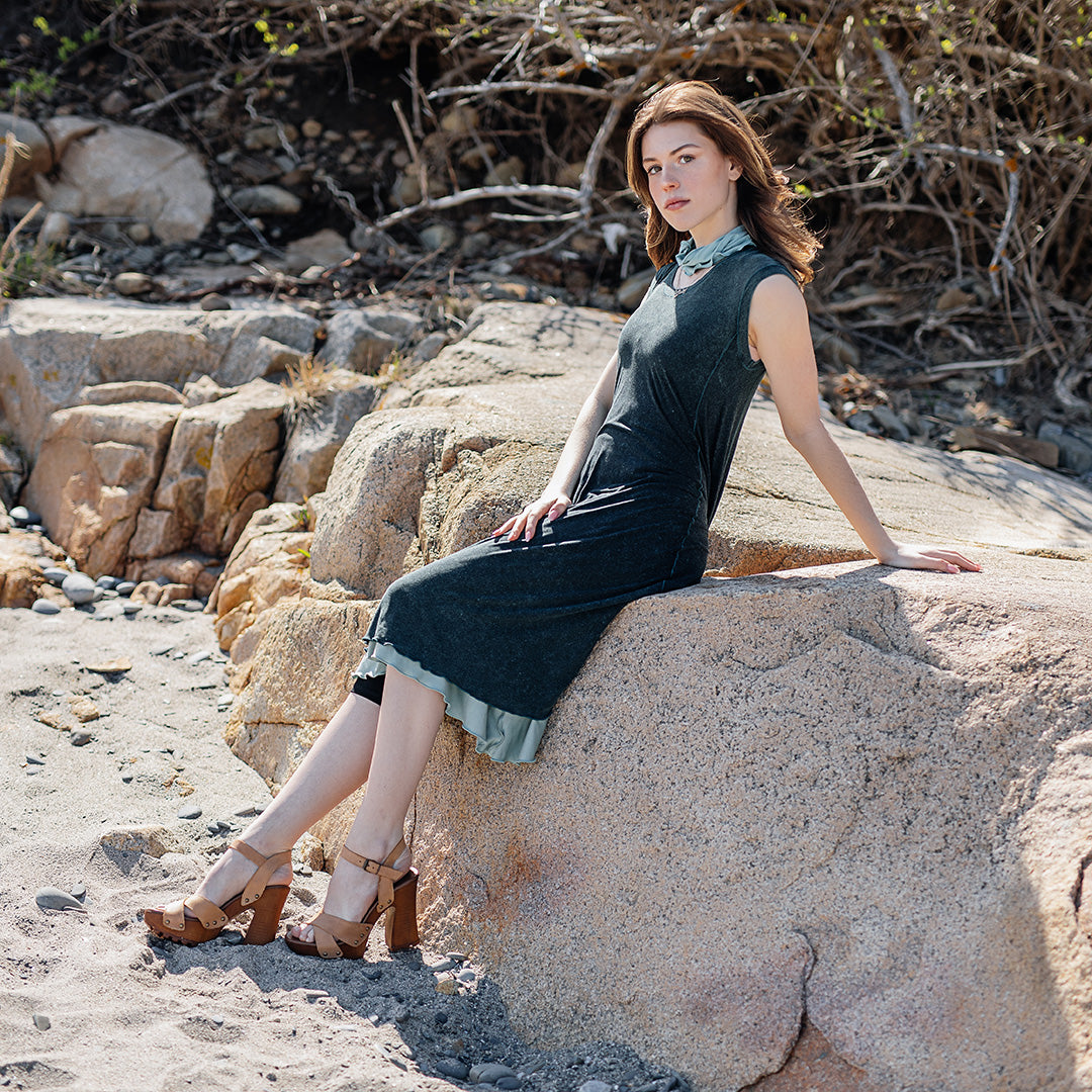 glow dress in blue mineral layered over glass flirt as a skirt