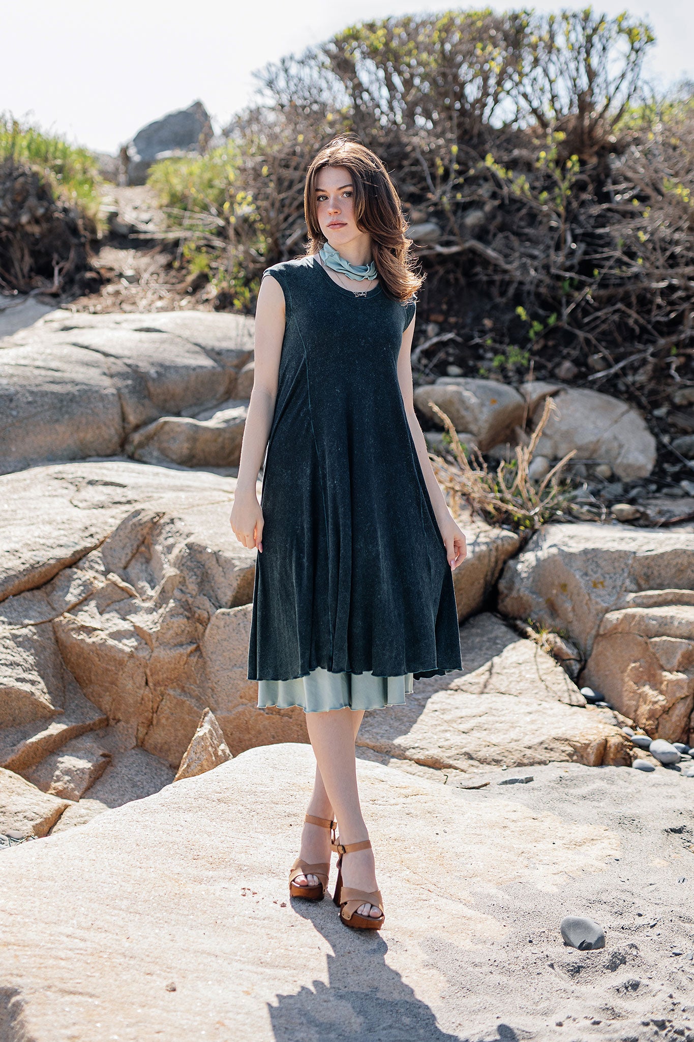 glow dress in blue mineral layered over glass flirt as a skirt