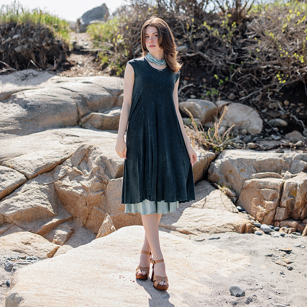 glow dress in blue mineral layered over glass flirt as a skirt