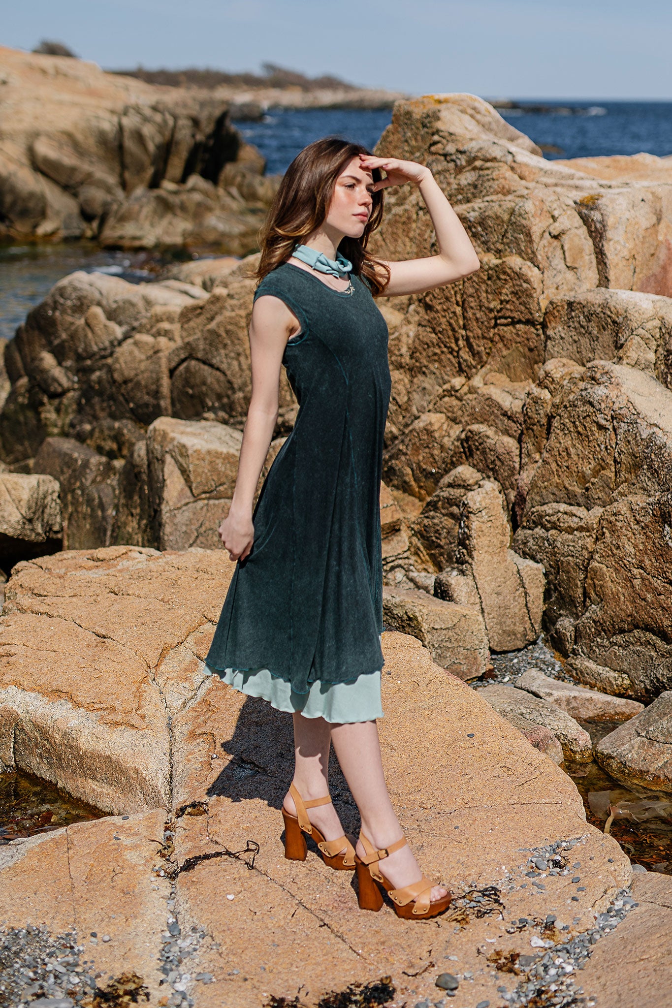 glow dress in blue mineral layered over glass flirt as a skirt