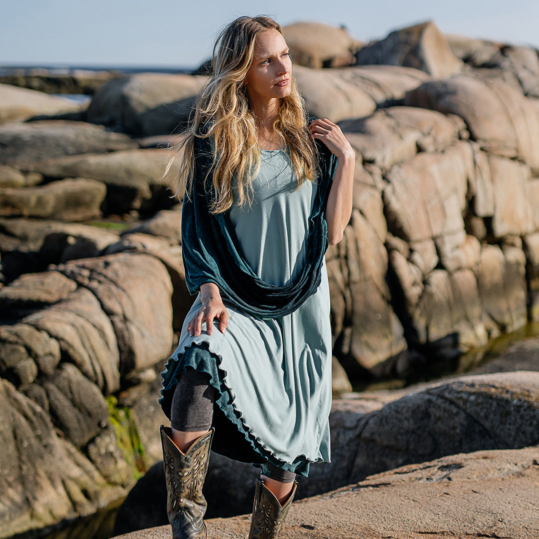 glow dress in glass layered over blue mineral flirt as a skirt and paired with blue mineral loop