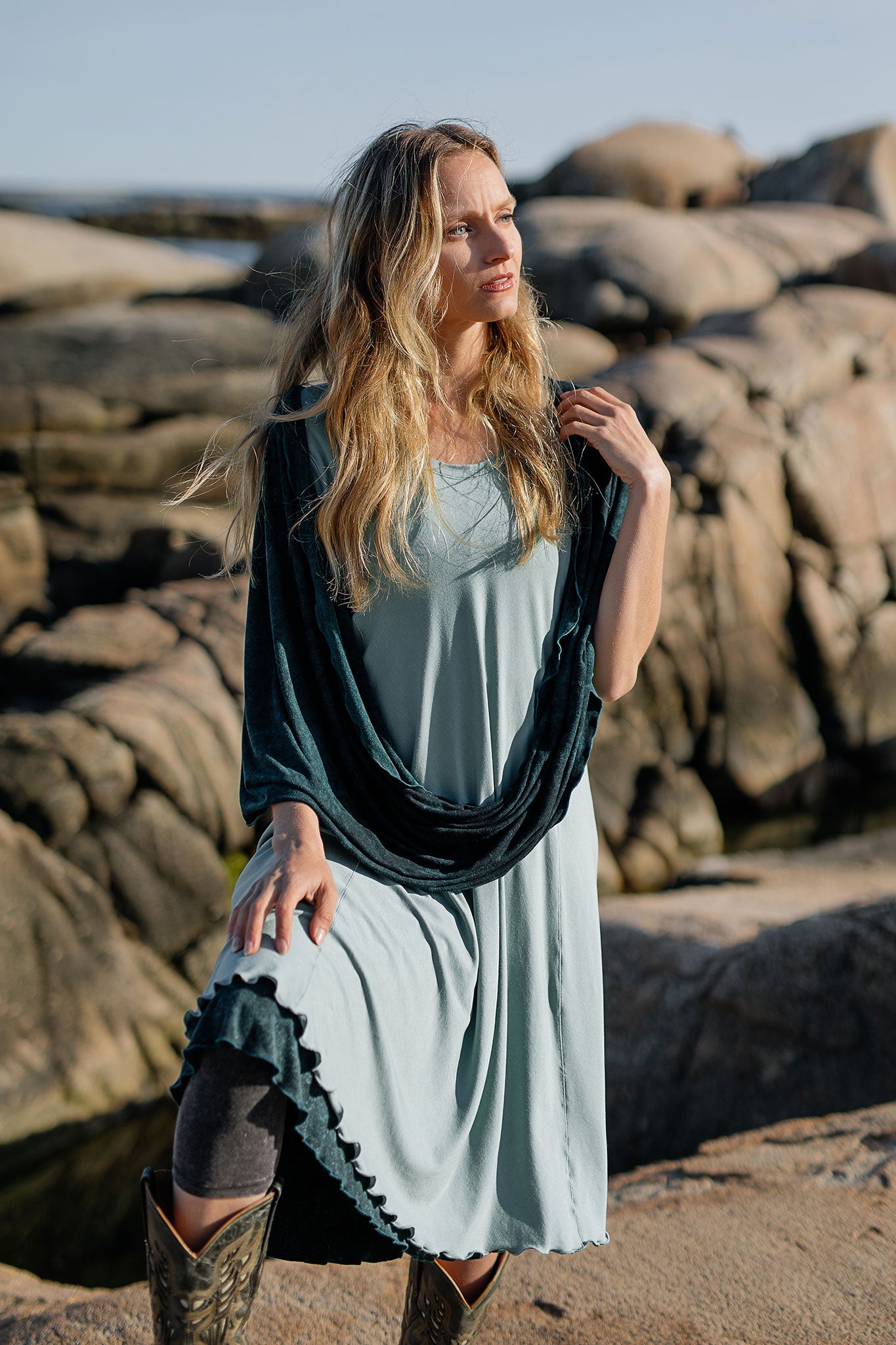 glow dress in glass layered over blue mineral flirt as a skirt paired with blue mineral loop