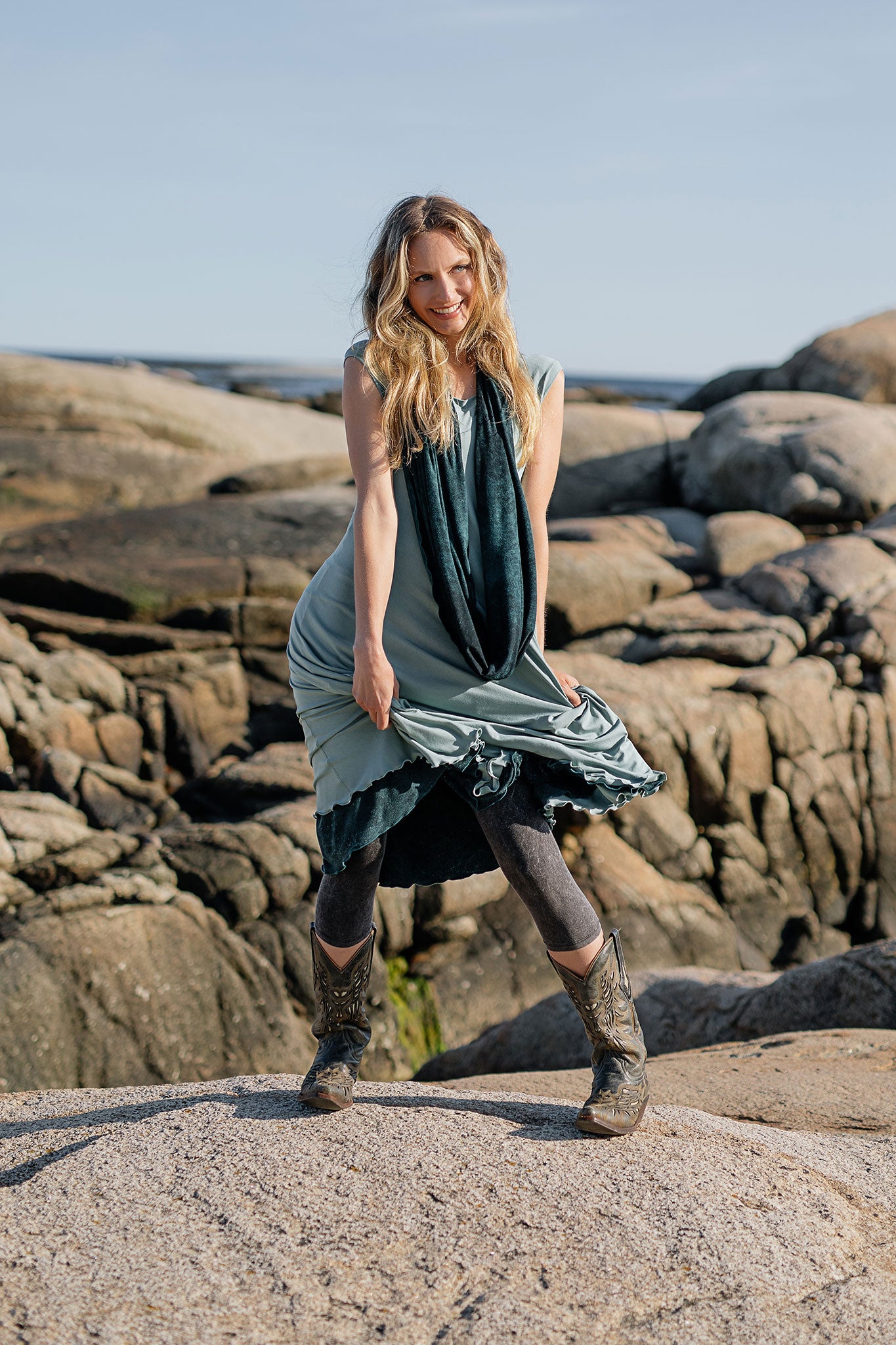 glow dress in glass layered over blue mineral flirt as a skirt paired with blue mineral loop