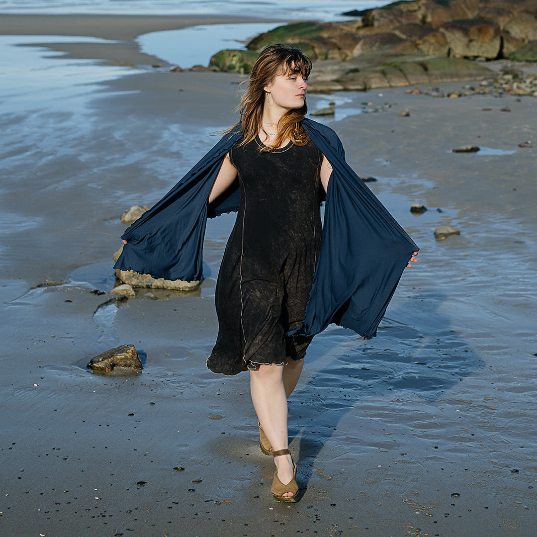 glow dress in mineral with shawl in navy