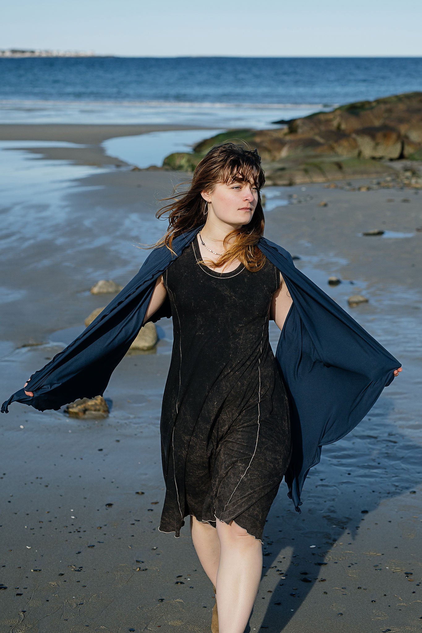 glow dress in mineral worn with shawl in navy