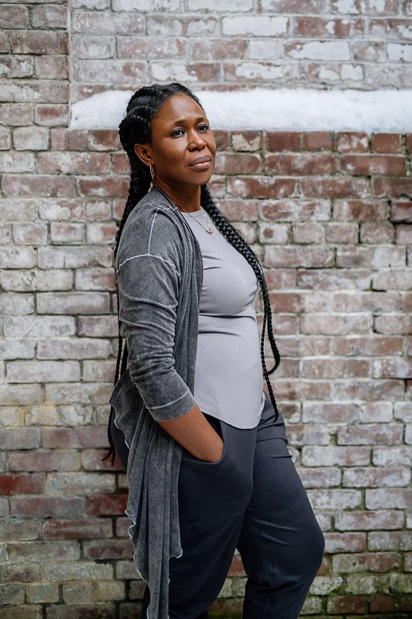 rose bias top in moon with prima jacket in mineral with carbon jogger