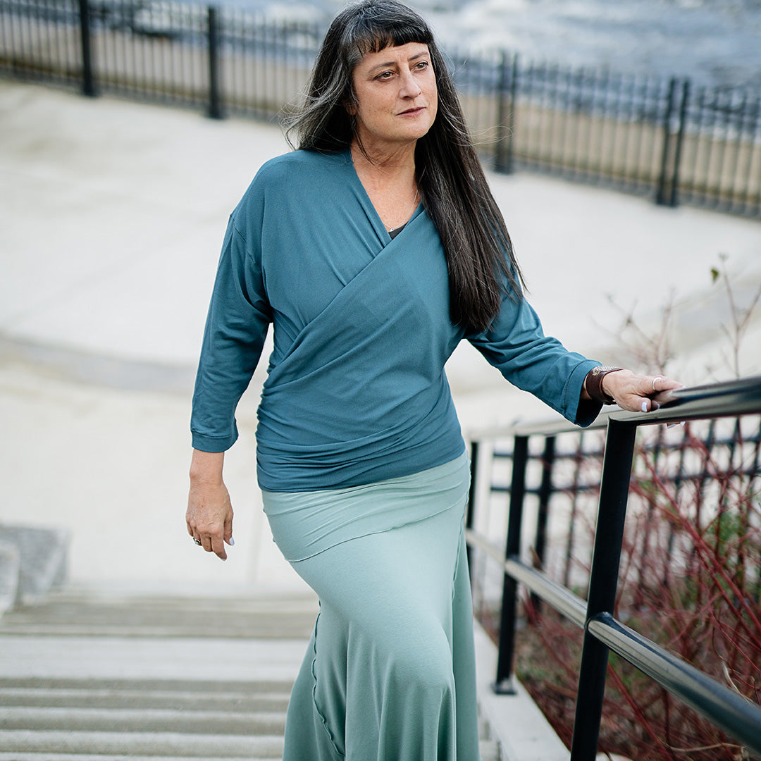 prima wrap jacket in ocean over lady flirt skirt in glass