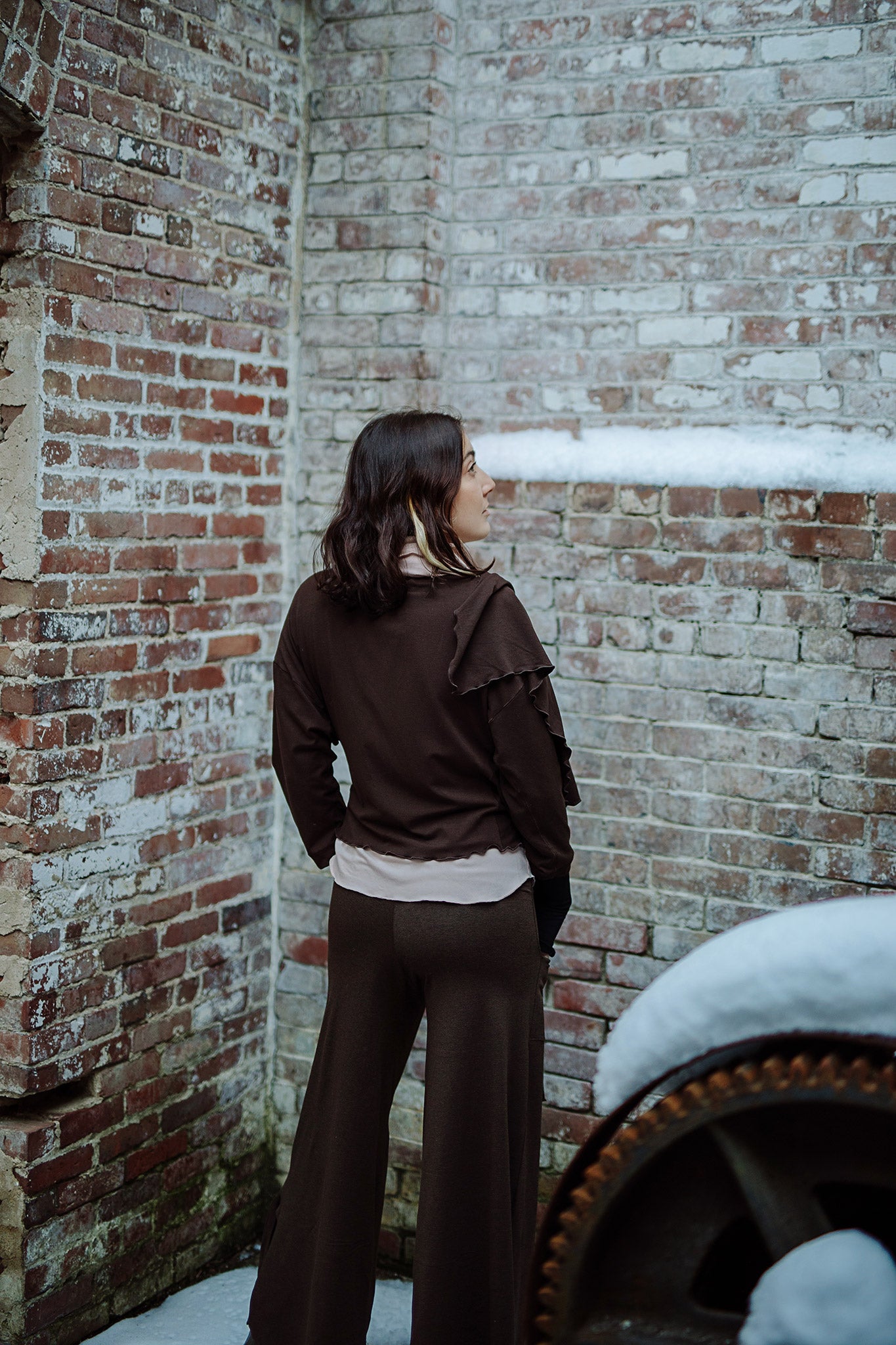 harlow elegant convertible wide leg pant in espresso with peat prima jacket