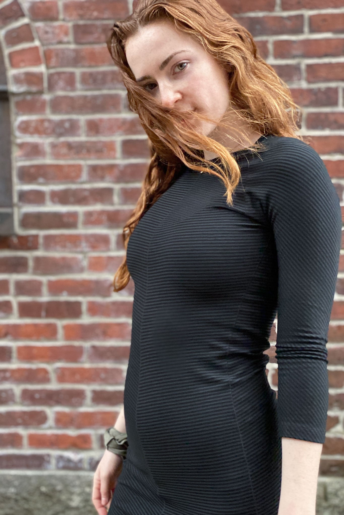 noble dress in subtle black stripe