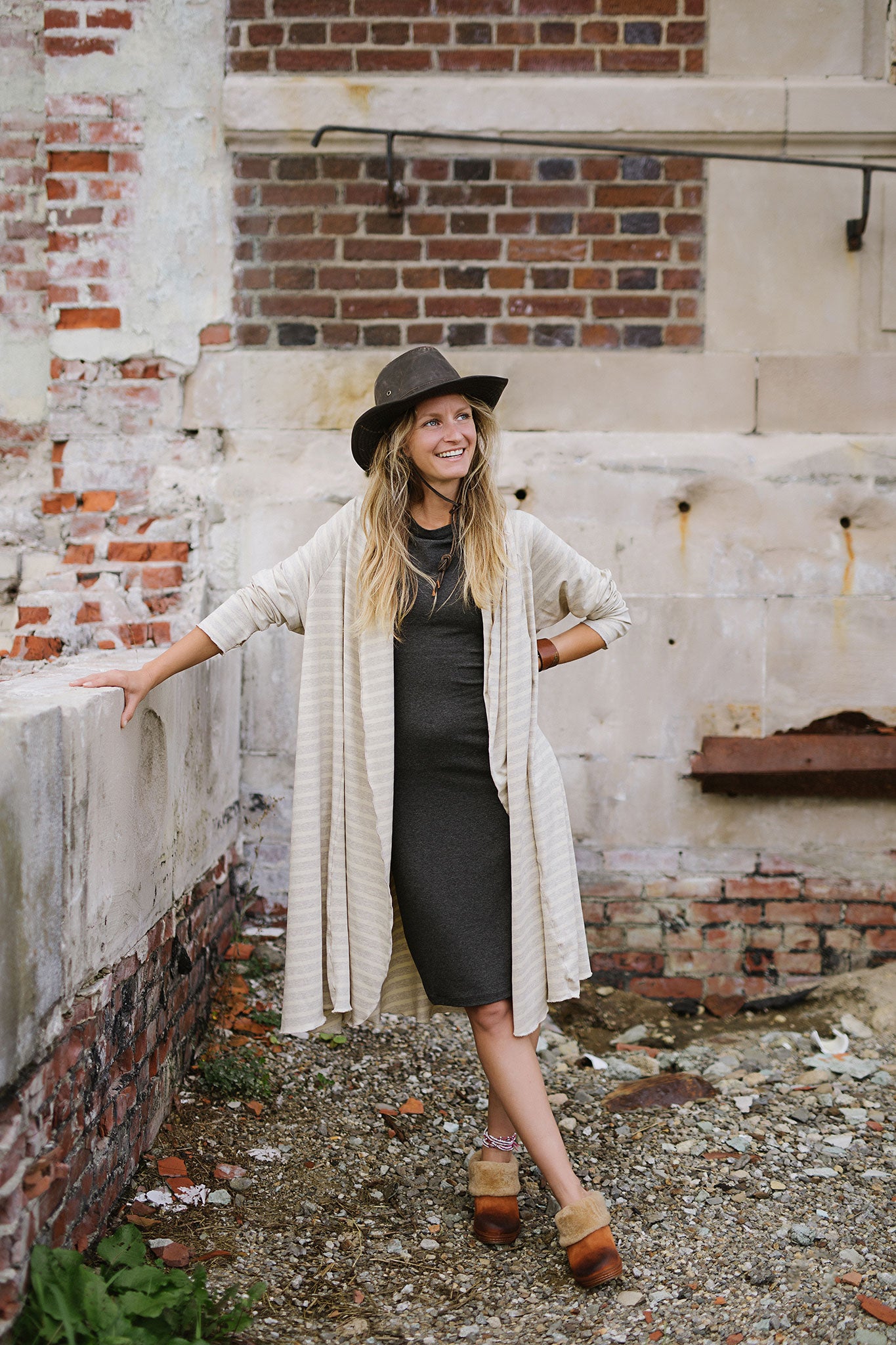 garden coat in dune over sheath dress in charcoal