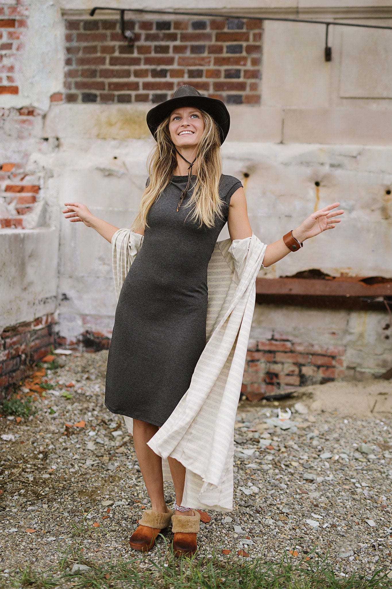 garden coat in dune and sheath dress in charcoal