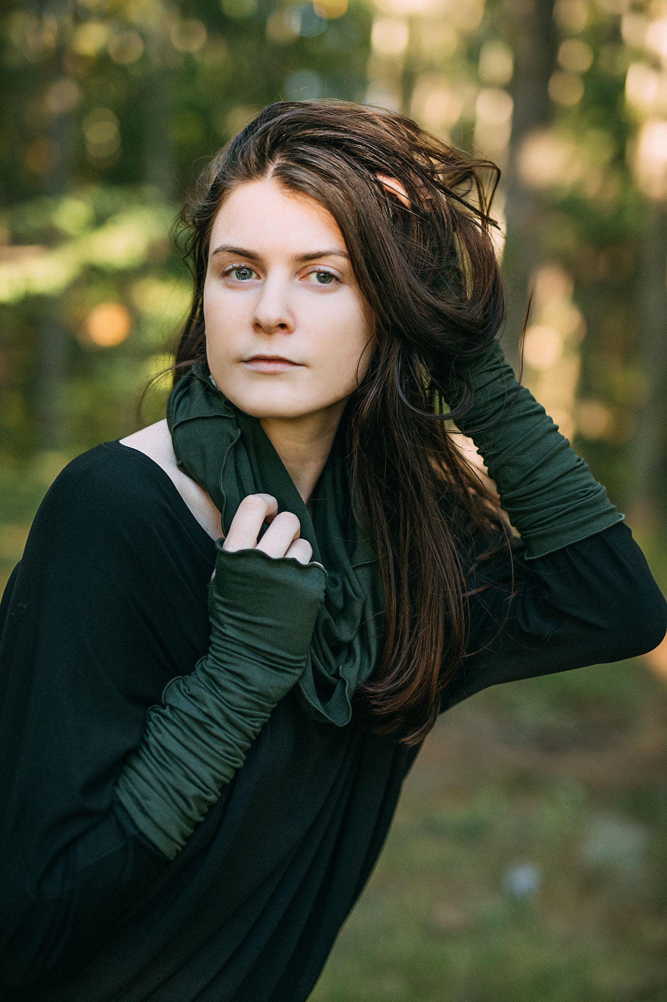 opera sleeves in fir styled with black pop top + fir loop